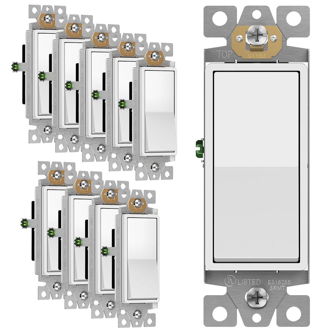 2 x ENERLITES Decorator Paddle Rocker Light Switch, Gloss Finish, Single Pole, 3 Wire, Grounding Screw, Residential Grade, 15A 120V/277V, UL Listed, 91150-W-10PCS, White (10 Pack)