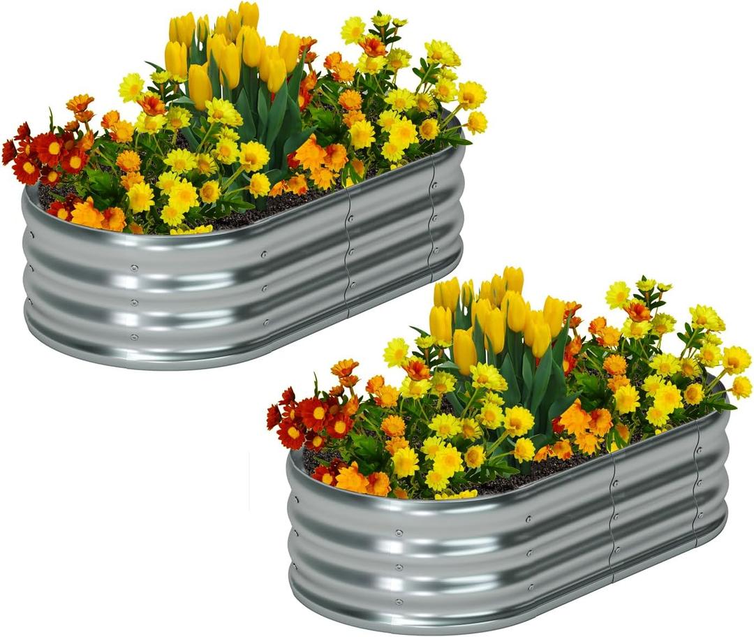 zizin 2 Pack Galvanized Raised Garden Bed Metal Oval Raised Garden Beds Outdoor Planter Box for Vegetables (4x2x1FT, Silver)