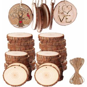 50pcs Wood Slices, BetterJonny 2-2.4 inch Undrilled Wooden Circles Predrilled with Hole Natural Wood Ornaments with 10 Meters Jute Rope for Arts DIY Craft