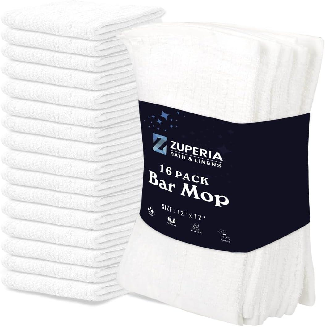 ZUPERIA Premium Bar Mop 16 Pack (12 x 12) - 100% Cotton Cleaning Towels Made with Ribbed Design for Quick and Easy Cleanups - Everyday Kitchen and Dish Towels (White, 16 Pack)