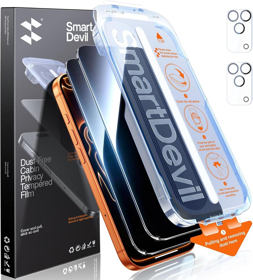 SMARTDEVIL (2+2 Pack Privacy Screen Protector for iPhone 17 Pro Max with 2 Camera Lens Protectors, 28 Anti-Spy 9H Tempered Glass, Anti-Scratch, SmartPull Frame Bubble-Free Install, Case-Friendly