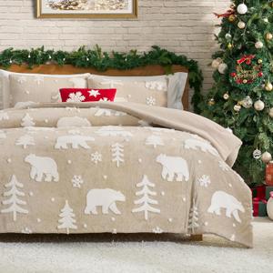Amlie Home Christmas Comforter Set Queen, Fluffy Christmas Bedding Set with Polar Bear, Beige Fleece Plush Comforter for Winter, 3 Pieces, 1 Soft Comforter and 2 Pillowcases (Queen (90"x90"))