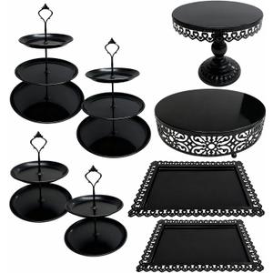 8 Pcs Cake Stands Set Metal Dessert Table Display Tiered Cupcake Holder Candy Donut Fruit Plate Cake Serving Tray Candlestick Display Treats Serving Tower for Wedding Birthday Party Decor (Black)