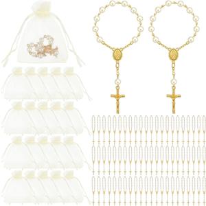 Fumete 60 Pieces Mini Rosary Favors Baptism Favors Acrylic Rosary Beads Finger Baptism Rosaries with Organza Bags for Christening Weddings Party