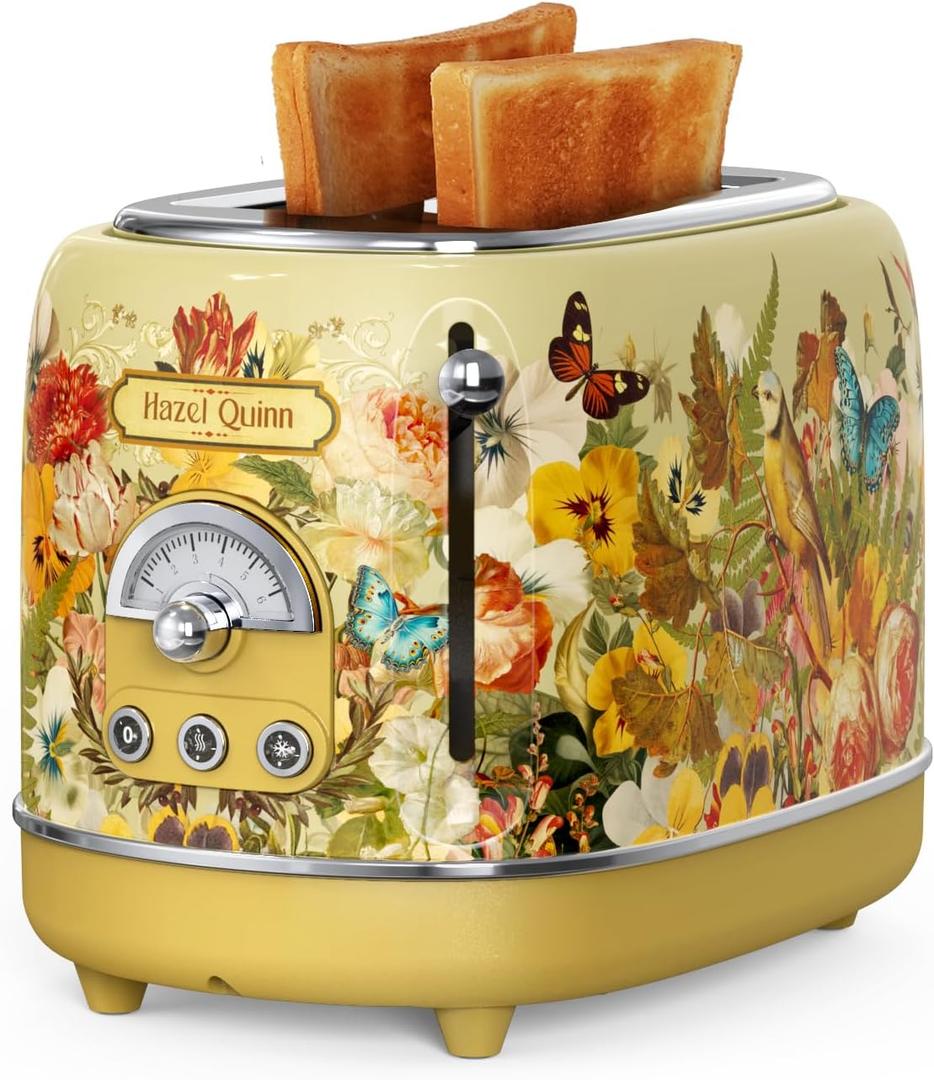 Hazel Quinn X Eduardo Recife Collaboration 2-Slice Retro Toaster, 6 Browning Levels, 3 Functions-Defrost/ Reheat/ Cancel, Removable Crumb Tray for Easy to Clean, 1.5 Inches Extra Wide Slots