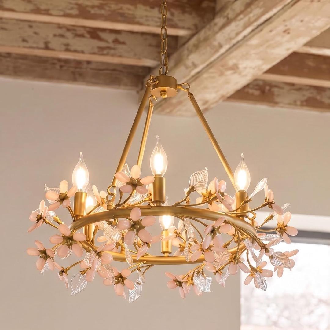 Gold Tree Branch Pink Crystal Chandelier, Grace Flower Chandelier, 6-Light Girl's Room Chandelier, Hanging Light Fixture Bedroom for Dining Living Room Nursery Kid's Room Entryway, E12 Bulb Included