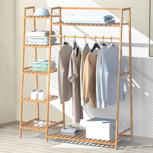 RELIANCER Bamboo Clothing Garment Rack,Free Standing Clothes Coat Hanger,Closet Organizer w/Shoe Rack,Multi-tiered Wardrobe Storage Shelves,Clothes Hanging Racks for Hall,Living Room,Bedroom,Entryway (43.5 inch)