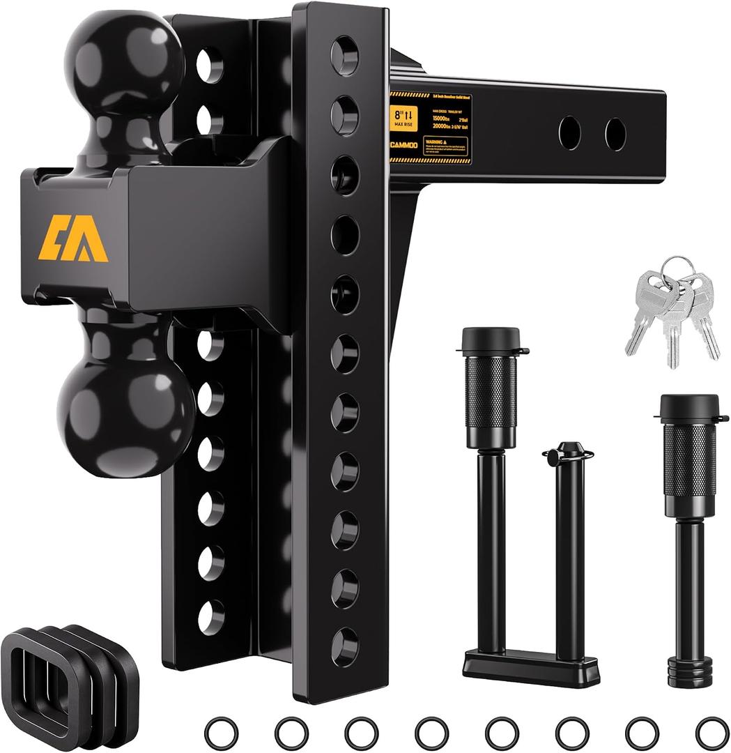 CAMMOO Adjustable Trailer Hitch, Tow Hitch Fits 2 inch Receiver, 8 inch Rise/Drop Hitch, 2" and 2-5/16" Ball Hitch, 20000 LBS GTW Truck Hitch with U-Shaped Alloy Steel Anti-Theft Pin, Black, ML-2080