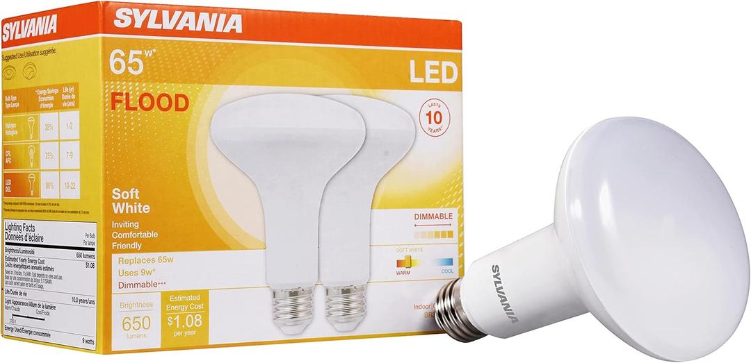 Sylvania LED Flood Light Bulb BR30 2-Pack Bundle, 65W Equivalent Efficient 9W, Dimmable, 650 Lumens, 10 Year Lifespan, 3500K Bright White and 2700K Soft White