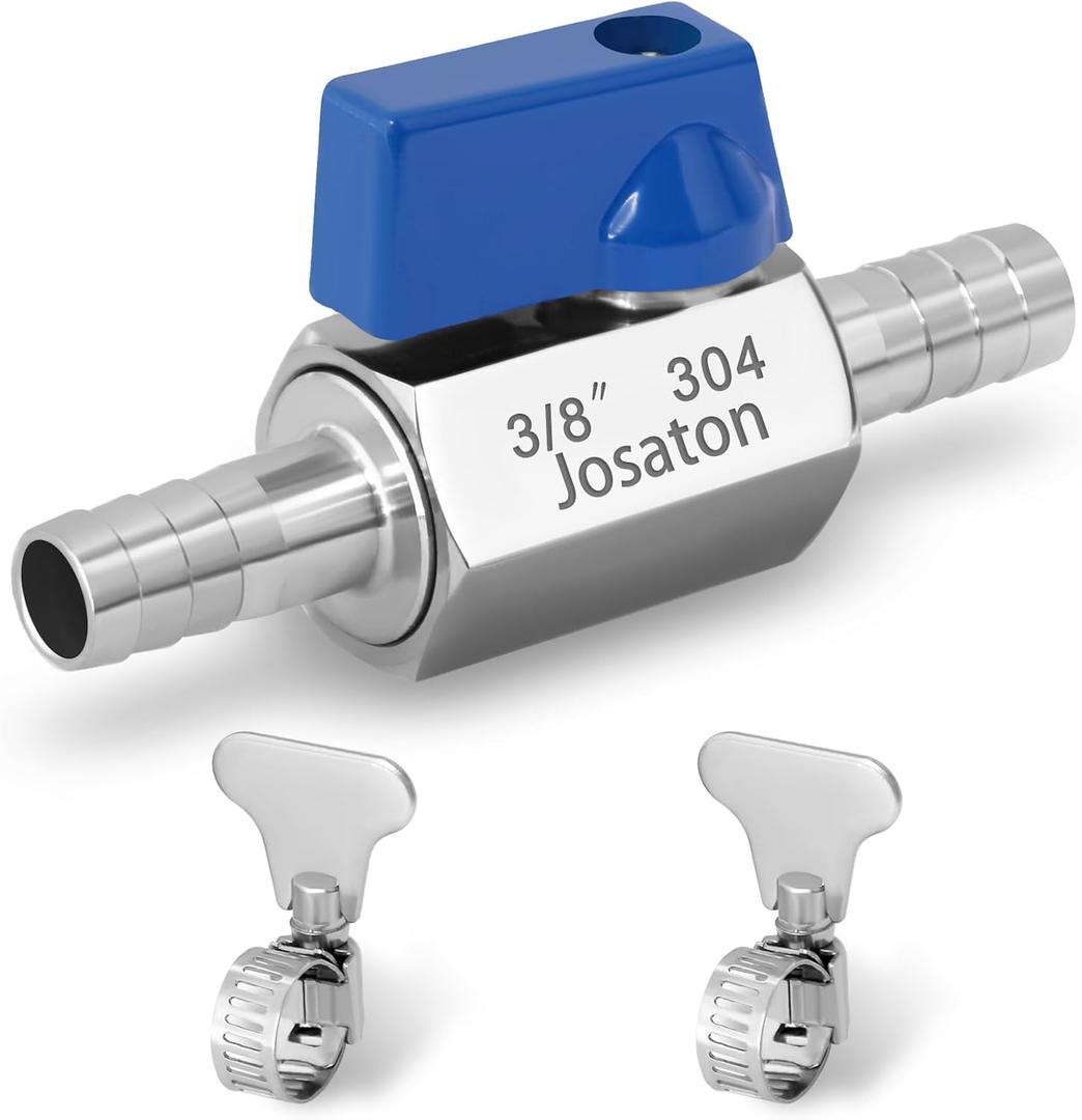 3/8" Barb Ball Valve,Josaton 304 Stainless Steel Mini Shut Off Valve for Water Gas Fuel Drip Irrigation and Aquariums,1PCS with Clamps Kit
