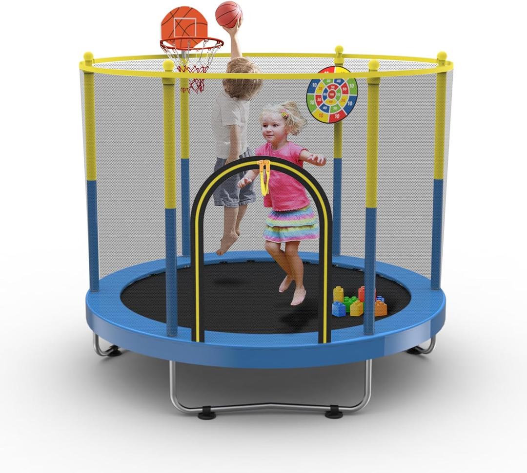 72" Trampoline for Kids with Net,6 FT Indoor & Outdoor Small Toddler Trampoline with Basketball Hoop & Dart Board for Ages 1-8, Birthday Gifts for Boys & Girls, Baby Toddler Christmas Toys (Blue/Yellow)