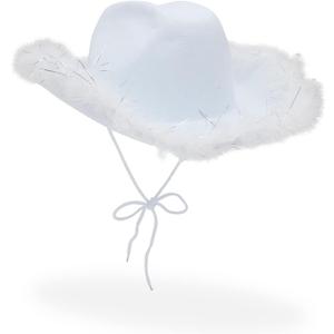 Zodaca White Cowboy Hat for Men and Women with Feathers, Western Felt Fluffy Cowgirl Hat for Costume, Dress Up Birthday, Bachelorette, and Bachelor Party Accessories