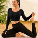 ECUPPER Women Long Sleeve Workout Tops Backless Yoga Gym Shirts Athletic Crop Top with Built in Bra for Fitness Sports (Black)
