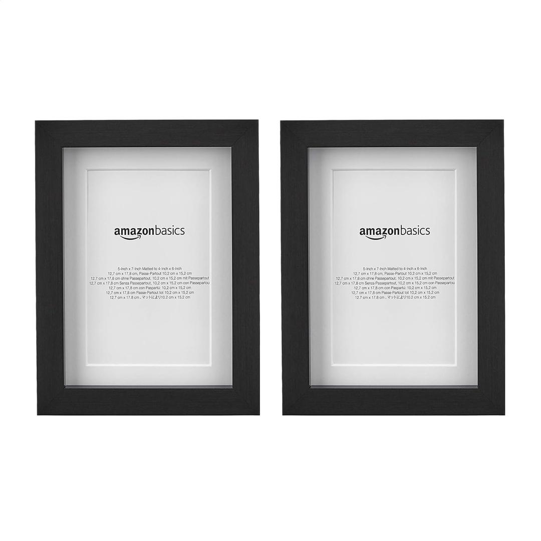 Amazon Basics Rectangular Picture Frame with Glass, 5" x 7", Wall Hanging or Tabletop Display, Mat for 4" x 6" Photo, Black, 2-Pack