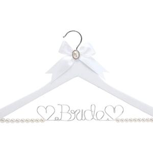 White Solid Wood Bridal Dress Hanger with Bridal Wire Lettering for Bridal Wedding Party Gift (White Coat Hanger Pearl Silver Thread)