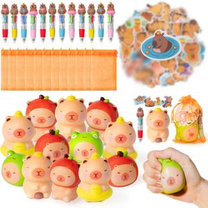 CY2SIDE 12 Pack Capybara Squeeze Toys Party Favor Gift Set, Included Random Slow Rising Squishy Toys 4-in-1 Ballpoint Pen Stickers and Organza Bag, Capybara Party Goodie Bag Fillers for Kids Rewards