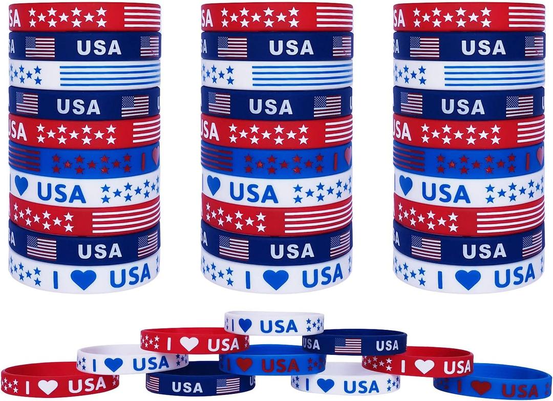American Flag Silicone Bracelet 40Pcs, Fourth 4th of July Patriotic Party Favors, Memorial Day Veterans Day Wristband, USA Red White and Blue Decoration