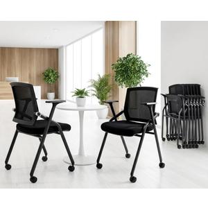 2 Pack Stackable Conference Room Chairs with Paddle Folding Office Foldable Desk Chair Mesh Back and Arms for Conference Meeting Guest Reception Home Office Training Room Chair Black
