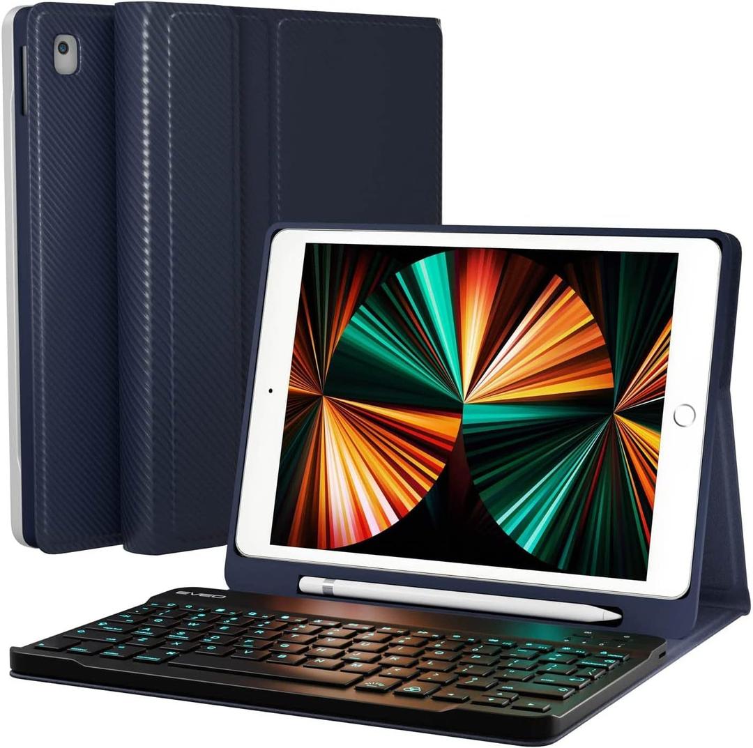 EVEO 10.2'' iPad 9th Generation Case with Keyboard (2021), Built-in Pencil Holder - iPad Case 9th Generation/8th Gen/7th  Dark Blue