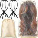 2 Pack Wig Stand with 2 Pcs Wig Storage Bags, Wig Holder Dust Cover with Travel Bag for Bundles, Wigs, Extensions, Tools - Wig Party Kit for Salon Home Use (champagne)