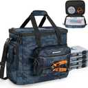 KastKing BaitSpace Fishing Tackle Bag With 4 Tackle Boxes & Removable Bait Binder, Water-Resistant Tackle Storage, Durable Fishing Gear, Adjustable Shoulder Strap (Large - 4*3600 Trays, F: Blue Camo)