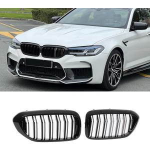 KHK Front Grill Compatible with BMW 5 Series G30 F90 M5 2017-2020 530e 530i 540i 550i xDrive, Gloss Black ABS Automotive Replacement Double Slats with M Color Kidney Front Grille Upgrade Grille