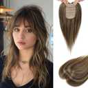 Flufymooz Real Human Hair Toppers for women, 10 Inch Clip in Bangs 100 Human Hair Toppers for Thinning Hair, Cover Hairpiece with 150% Density Silk Base-Chocolate Brown with Blonde