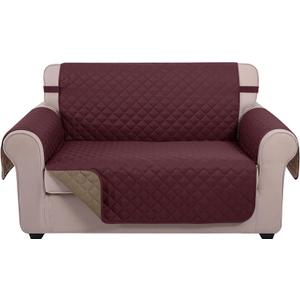 U-NICE HOME Loveseat Sofa Cover Reversible Couch Cover for Dogs with Elastic Straps Water Resistant Furniture Protector for Pets Couch Cover for 2 Cushion Couch (Loveseat, Burgundy/Tan)