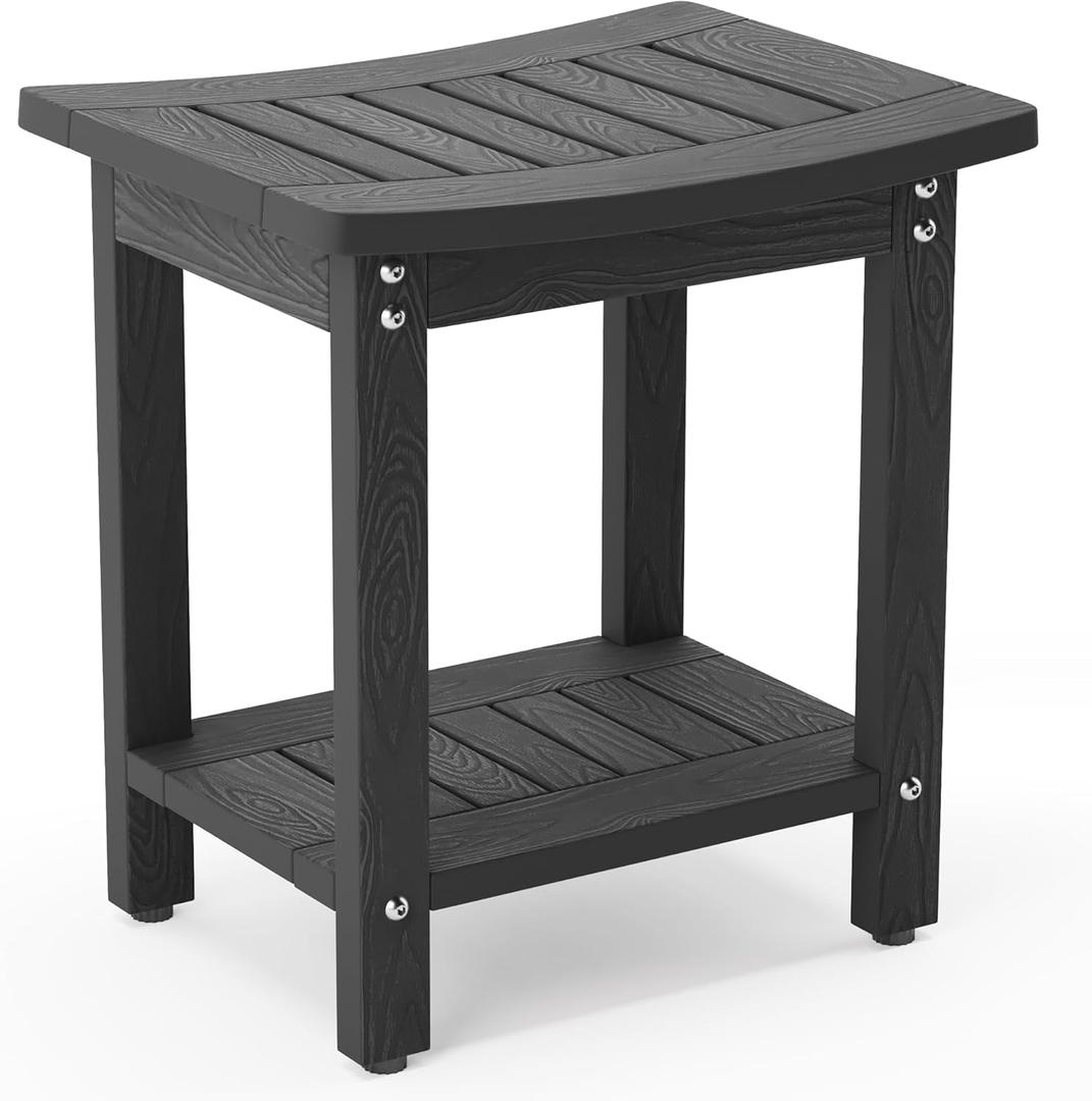 LUE BONA HDPS Shower Bench Seat, Shower Stool for Inside Shower Waterproof, Bath Spa Shower Foot Stool for Shaving Legs with Storage Shelf, Weather Resistant/Non-Slip/Indoor or Outdoor Use, Black