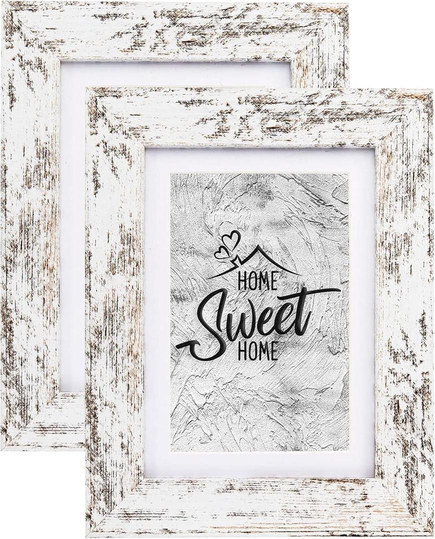 Califortree Rustic White 5x7 Picture Frame - Display Photos 4x6 with Mat or 5x7 Without Mat - Real Glass Frames for Wall and Tabletop - Set of 2
