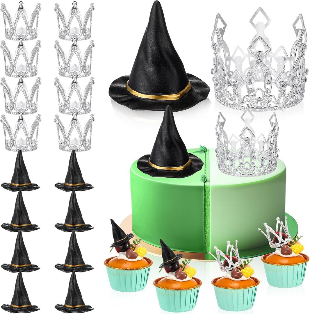 18 Pcs Witch Themed Cake Decorations Witch and Princess Theme Cupcake Toppers Silver Crown Black Hat for Pink and Green Party Magic Movie Theme Halloween Party Birthday Cake Supplies