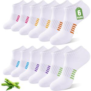 Ankle Socks for Women, 6/ 12 Pairs Bamboo Viscose Breathable Cushioned Moisture Wicking Athletic Running Casual Low Cut Socks, 6 Multicolored White 8-11