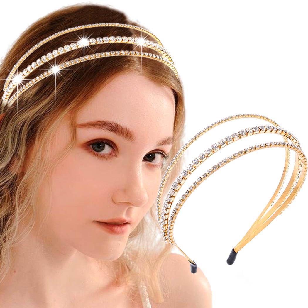 Gold Rhinestones Headband Layered Crystal Headbands Sparkle Wedding Hairband Layering Bridal Hair Accessories for Women (A-Gold, One Size)
