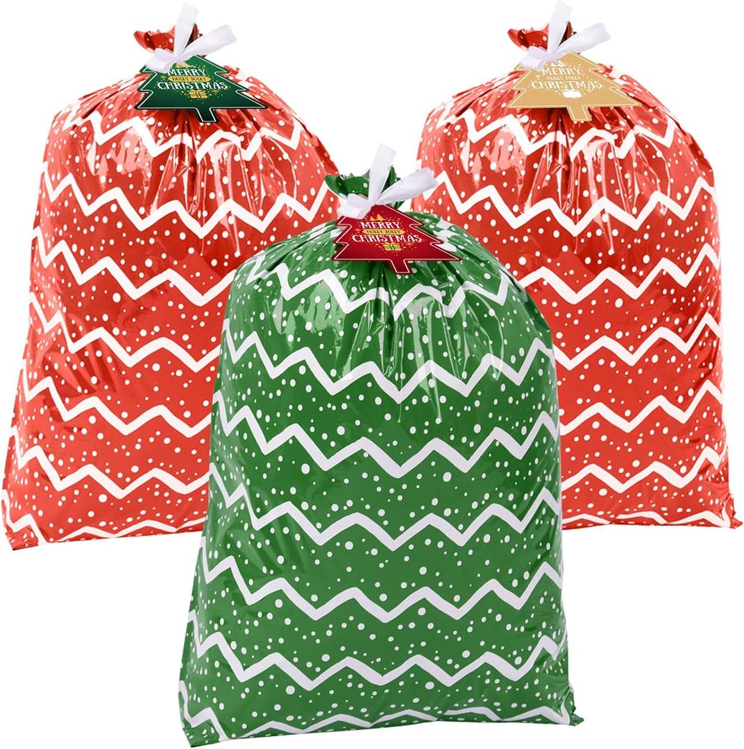 Large Christmas Gift Bags, 3 Oversized Christmas Bags 44"x 36" Jumbo Gift Bag for Huge Big Gift Wrapping Kids Bicycle Bike, Xmas Santa Holiday Large Plastic Gift Bags for Presents