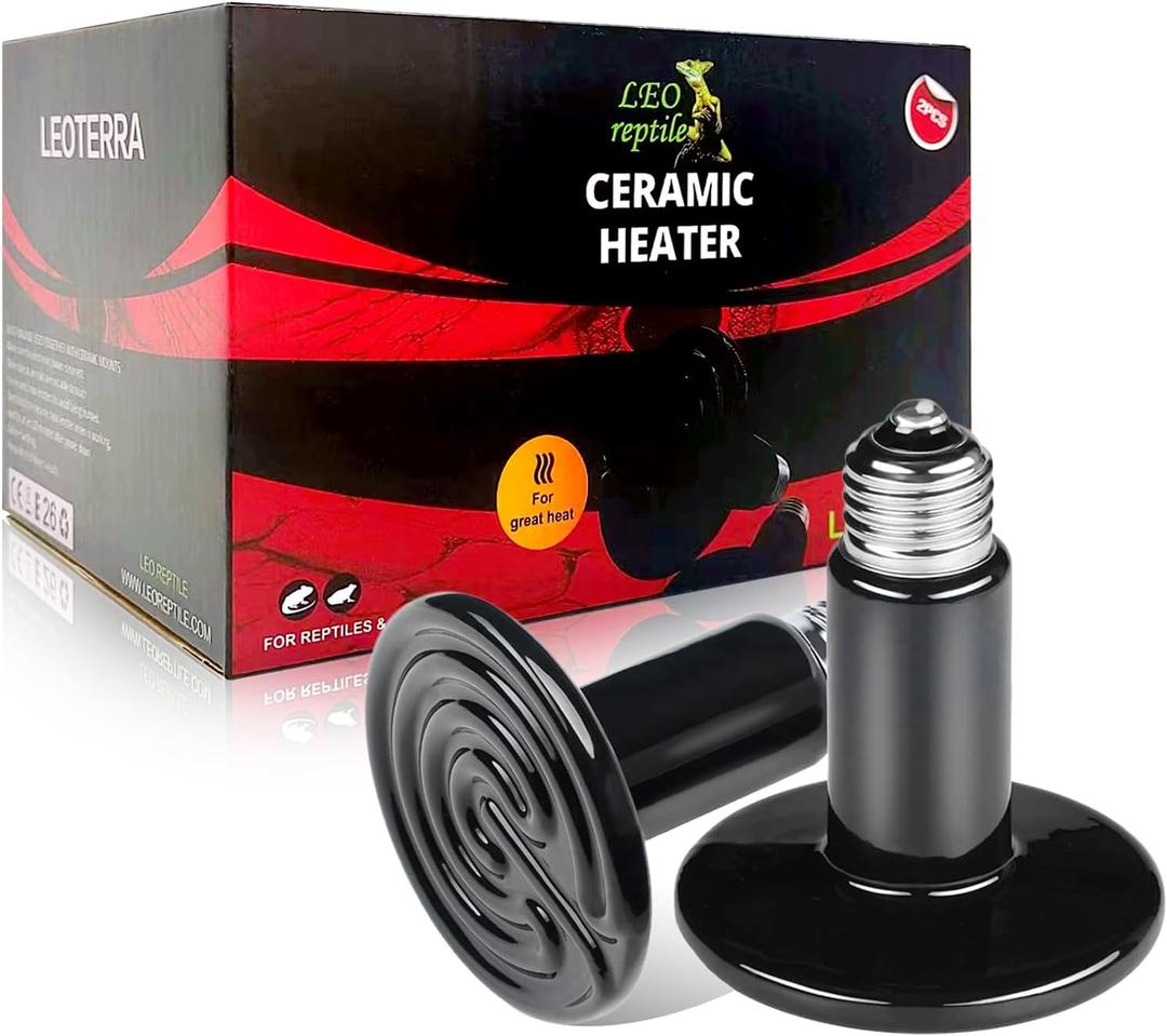 Leoterra 75W Ceramic Heat Emitter, Reptile Heat Lamp Bulb for 20-40 Gallons Bearded Dragon Tank & Turtle Terrarium, All-Purpose No-Light Night Heating for Lizards, Snakes, Chameleons (2-Pack)