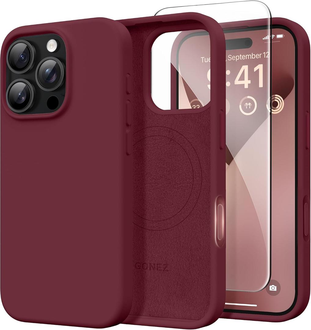 GONEZ Magnetic for iPhone 16 Pro Max Case, [Compatible with MagSafe] Anti-Scratch Microfiber Lining & Screen Protector, Silicone Camera Control, Shockproof Slim Phone Cover 6.9 inch, Maroon