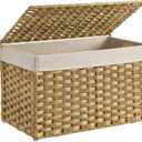 SONGMICS Storage Basket with Lid, Woven Blanket Storage Bin with Handles, Foldable, Removable Liner, Metal Frame, for Bedroom, Laundry Room, 17.2 Gallons (65 L), Natural URST56NL