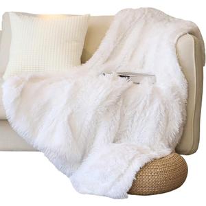 Tuddrom Decorative Extra Soft Faux Fur Throw Blanket 50" x 60",Solid Reversible Fuzzy Long Hair Shaggy Blanket,Fluffy Cozy Plush Fleece Comfy Microfiber Fur Blanket for Couch Sofa Bed,Pure White