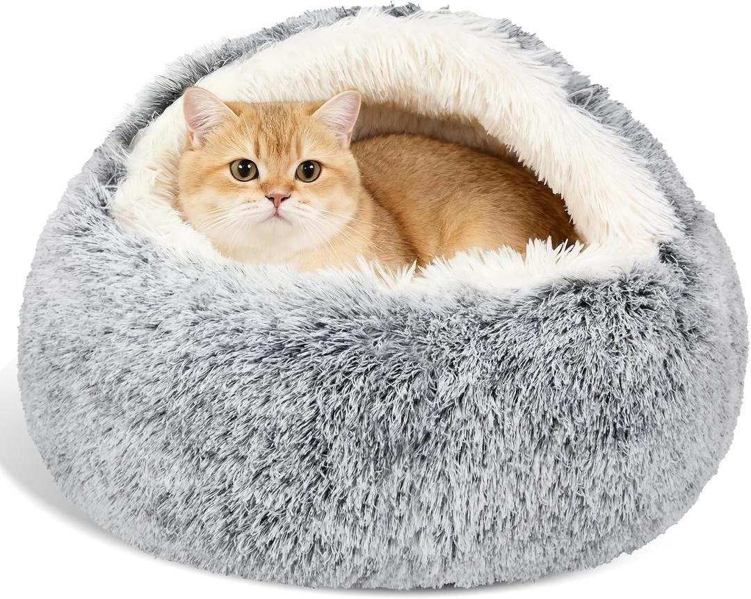 MADDEMCUTE Calming Dog & Cat Cave Bed With Hooded Cover, Removable Washable Round for Small Medium Pets, Anti-Slip Faux Fur Fluffy Coved for Improved Sleep, Fits up to 15/25 lbs (Grey, S) (20.00" x 20.00" x 8.00")
