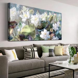 Large Flower Wall Art for Living Room, Vintage White Lotus Picture Wall Art Bedroom Decor, Nature Teal Floral Painting for Home Office, 29 x 59 Inch