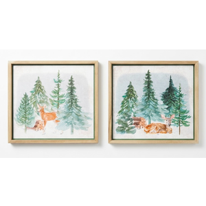 2PCS Vintage Forest Deer Framed Wall Art Set Rustic Farmhouse Artwork Prints Wall Decor for Home Bedroom Living Room 16.5x16.5 Inch