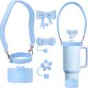 Stanley Cup Silicone Bow Accessories Set Including Water Bottle Handle Strap,Reusable Cute Straw Covers Toppers and Boot,Tea Strainer,Compatible with Stanley 40oz & 30oz Tumbler (Blue)