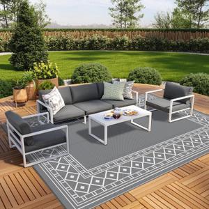 GENIMO Outdoor Rug Waterproof for Patio Decor, 10'x20' Foldable Reversible Plastic Straw Carpet, Outside Area Mat for Rv, Deck, Picnic, Porch, Camper, Balcony, Beach, Grey & White