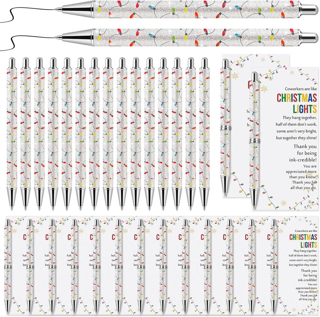 45 Set Glitter Christmas Pens Gifts Bulk Christmas Employee Appreciation Gifts Ballpoint Pens with Thank You Cards for Office Coworker Staff Team Teacher Nurse (Lights)