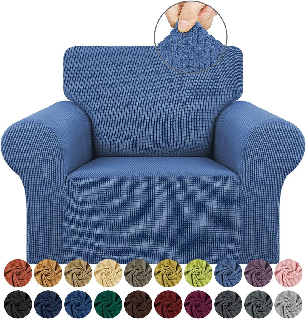 KEKUOU Stretch Single Sofa Slipcover 1 Piece Couch Sofa Cover (31"-55") Furniture Protector 1 Seater Sofa with Elastic Bottom for Kids,Pet.Jacquard Small Checked Pattern Fabric(Small,Riverside)