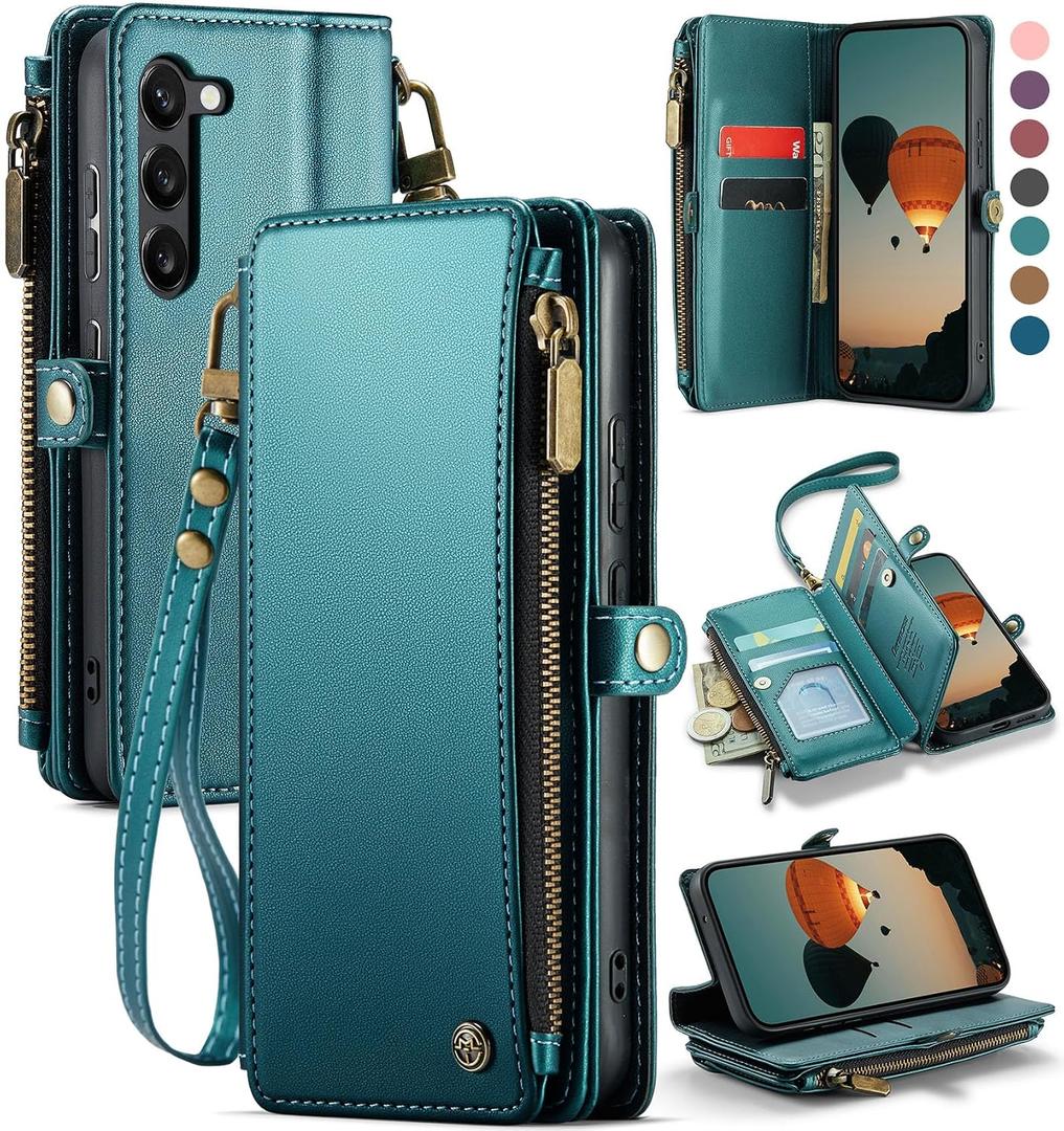 Defencase Compatible with Samsung Galaxy S23 Case Wallet with RFID Blocking Card Holder for Women Men, PU Leather Magnetic Snap Flip Zipper Strap Wallet Phone Case Fit for Galaxy S23 5G 6.1", Green