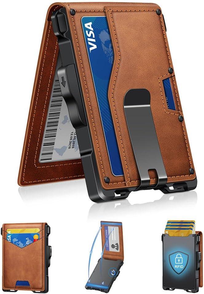Wallet for Men, Minimalist Slim Mens Wallet with Money Clip, RFID Blocking Smart Pop Up Card Wallet with ID Window, Compact Bifold Wallet, Metal Aluminum Credit Card HolderBrown