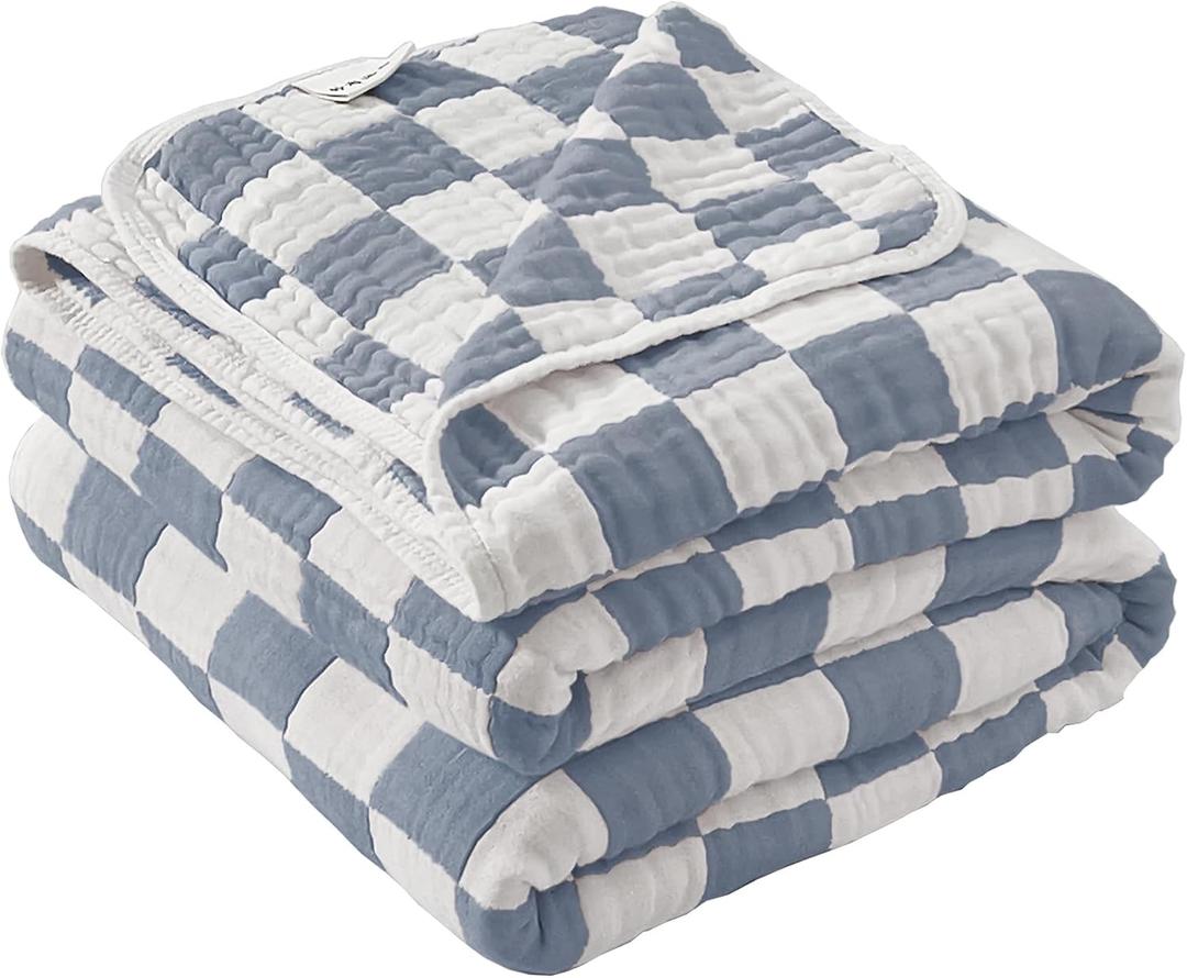 NIDITW Navy Blue Checkered Muslin Throw Blanket for Adult Breathable 6-Layer 100% Cotton Blanket 50x60 Inches Soft Lightweight Cooling Gauze Throw All Season for Bed Sofa (Navy Blue, Throw)