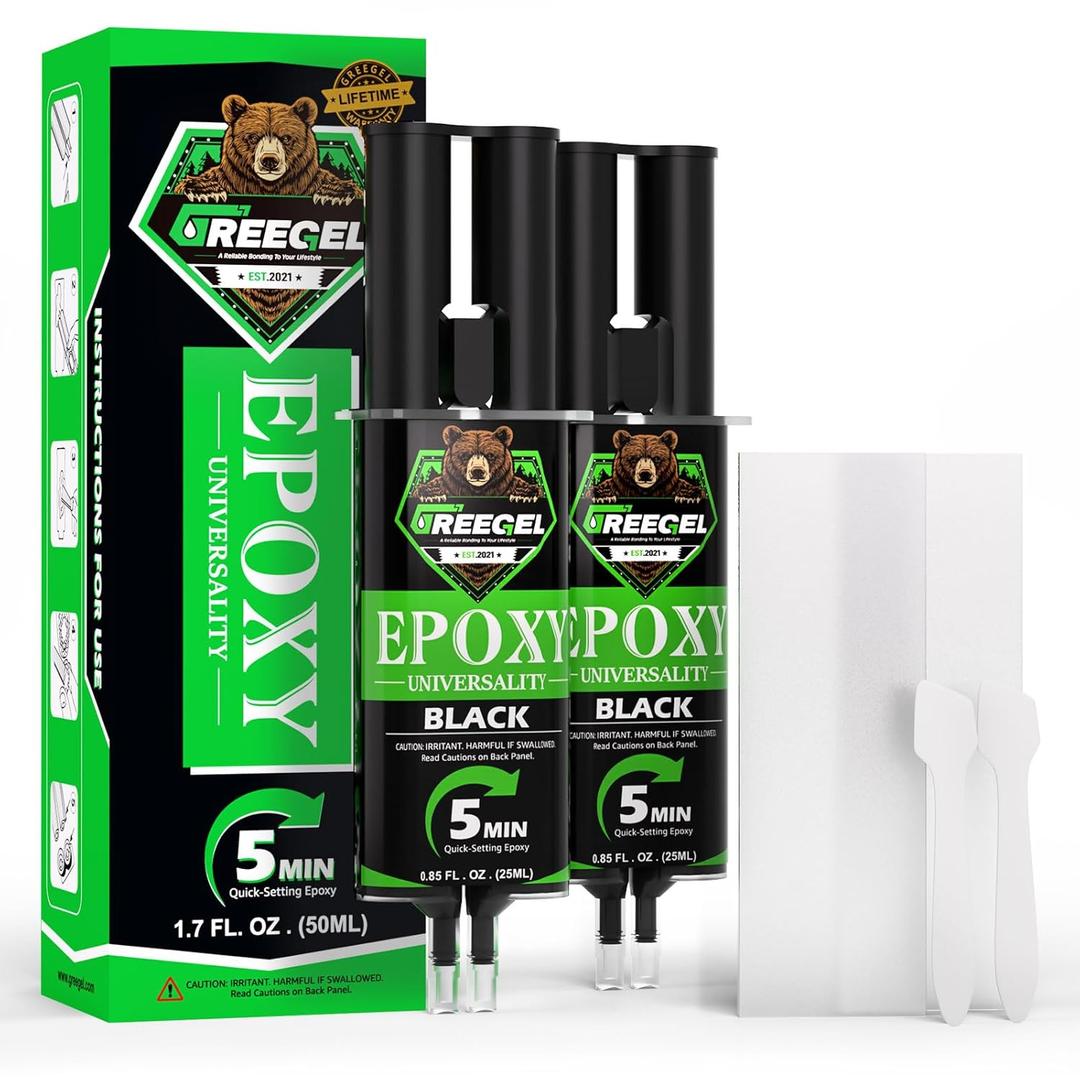 GREEGEL 2 Part Epoxy Glue - 5 Minute Set Epoxy Adhesive, 0.85 oz Syringe (2 Pack), Black Strong Bonding Epoxy Resin Glue for Rubber, Metal, Plastic Repair