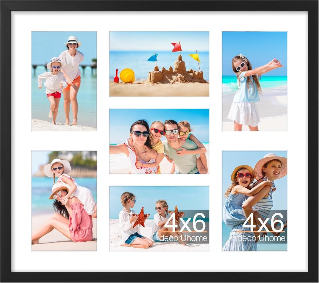 decorUhome 15x17 Picture Frames Collage Wall Decor, Display 7Pcs 4x6 Photos with Mat or 1Pcs 15x17 Unmatted, 7 4x6 Collage Picture Frames for Wall Mounting, Black